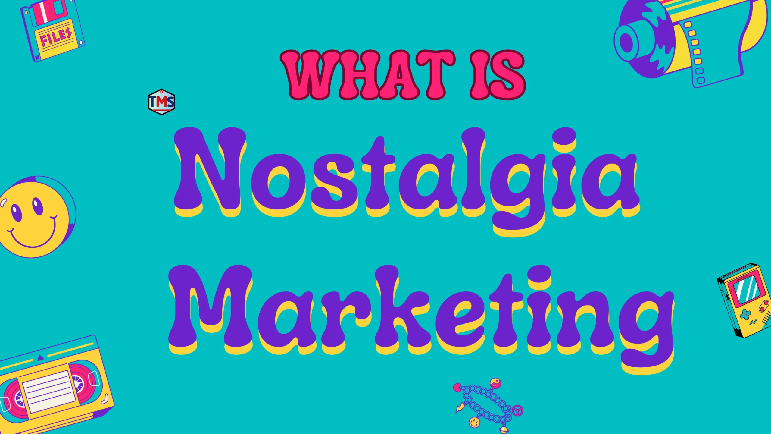 Nostalgia marketing examples: collage of retro cassette, 80s video game controller, vintage camera roll
